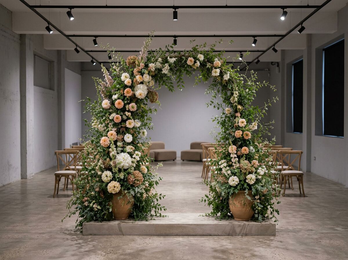 Tall floral installation in peach and white, planted in terracotta pots on a low plinth in a warehouse space
