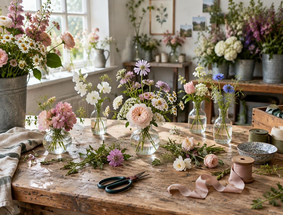 Small bud vases, shears and ribbon laid out on a florist's workbench