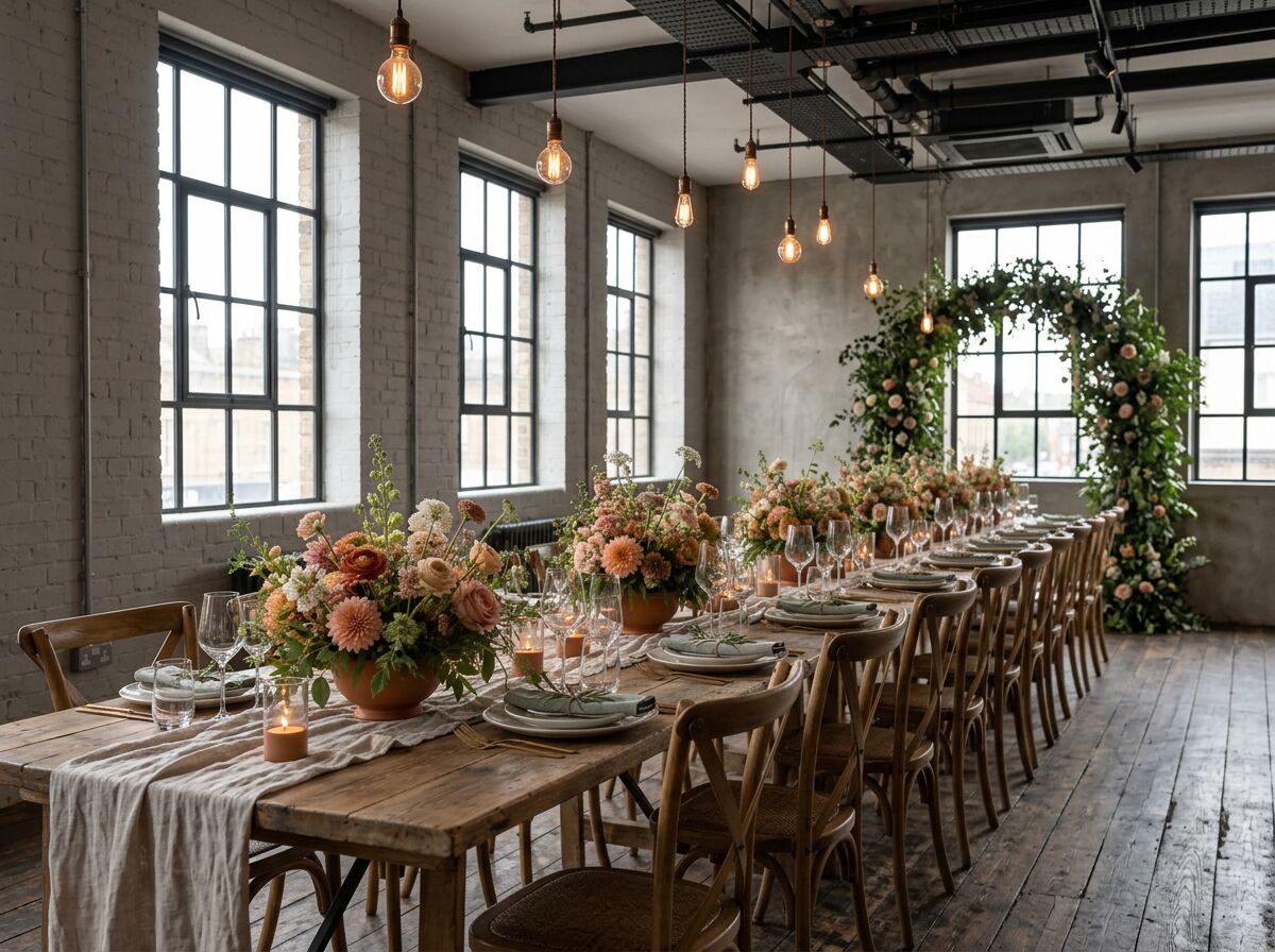 Long table set for a supper club with low peach and cream flower arrangements in terracotta bowls
